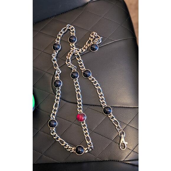 Vintage Black & Red Cabochon Silver Tone Chain Link Belt 41" - Picture 2 of 3